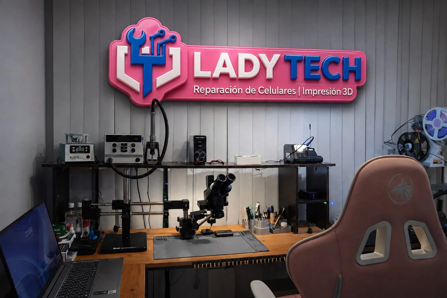 Taller técnico real de Lady Tech en Córdoba con instrumental para reparación de celulares